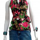 Black Cotton Floral V-neck Ruffles Wrap Halter Top / Blouse
