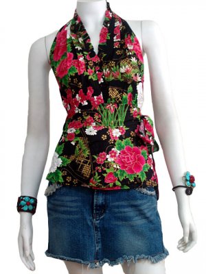 Black Cotton Floral V-neck Ruffles Wrap Halter Top / Blouse