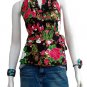 Black Cotton Floral V-neck Ruffles Wrap Halter Top / Blouse
