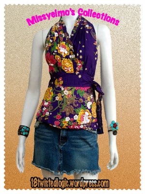 Purple Cotton Floral V-neck Ruffles Wrap Halter Top / Blouse