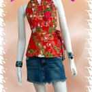 Red Cotton Floral V-neck Ruffles Wrap Halter Top / Blouse