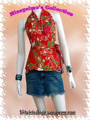 Red Cotton Floral V-neck Ruffles Wrap Halter Top / Blouse