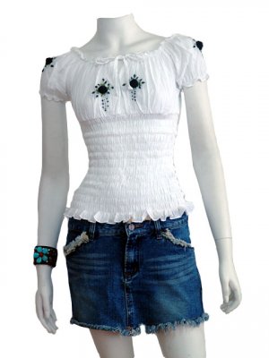 WHITE SMOCKED BLACK FLORAL OFF SHOULDER TOP BLOUSE