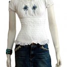 WHITE SMOCKED BLUE FLORAL OFF SHOULDER TOP BLOUSE