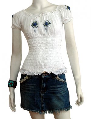 WHITE SMOCKED BLUE FLORAL OFF SHOULDER TOP BLOUSE