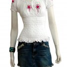 WHITE SMOCKED PINK FLORAL OFF SHOULDER TOP BLOUSE