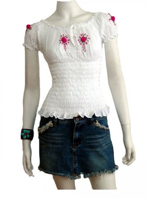 WHITE SMOCKED PINK FLORAL OFF SHOULDER TOP BLOUSE
