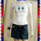 WHITE SMOCKED TURQ BLUE FLORAL OFF SHOULDER TOP BLOUSE