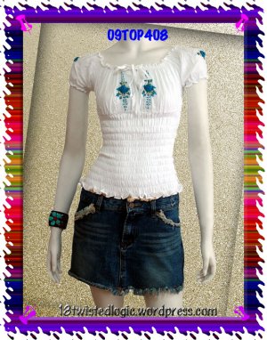 WHITE SMOCKED TURQ BLUE FLORAL OFF SHOULDER TOP BLOUSE