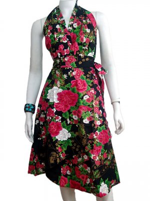 BLACK RUFFLES V-NECK FLORAL HALTER WEDDING WRAP DRESS