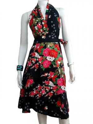 BLACK RUFFLES V-NECK FLORAL HALTER WEDDING WRAP DRESS