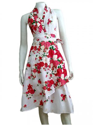 WHITE RUFFLES V-NECK FLORAL HALTER WEDDING WRAP DRESS SZ M to XL