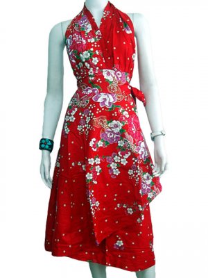RED RUFFLES V-NECK FLORAL HALTER WEDDING WRAP DRESS SZ M to XL