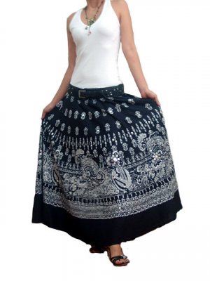 BLACK GYPSY BOHO WHITE PRINTS LONG SKIRT/DRESS