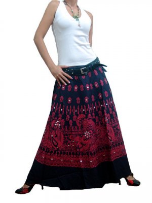 BLACK GYPSY BOHO RED PRINTS LONG SKIRT/DRESS