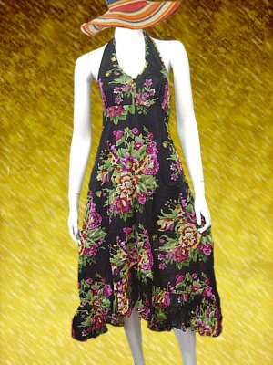 Black V-neck Cotton Halter Garden Party Dress