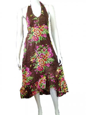 Brown Garden Floral Prints Halter Knee Length Cotton Dress
