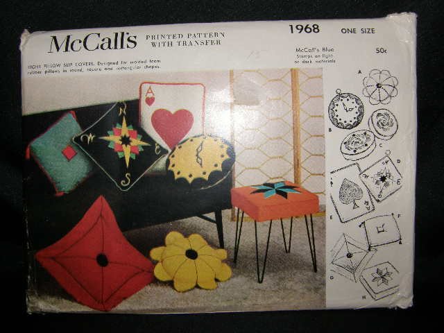 Vintage 1950's McCalls Craft Sewing Pattern 1968 Pillow Pillows Slip Covers with Transfers UNCUT