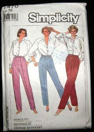 Vintage 1980's Simplicity Sewing Stretch Knit Pattern 7470 Elastic Waist Pants Plus Size 18 CUT