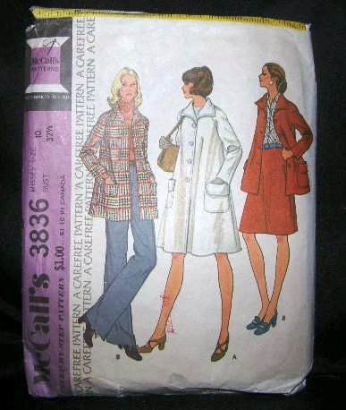 Vintage 1970's McCalls Sewing Pattern 3836 Coat Jacket Size 10 UNCUT