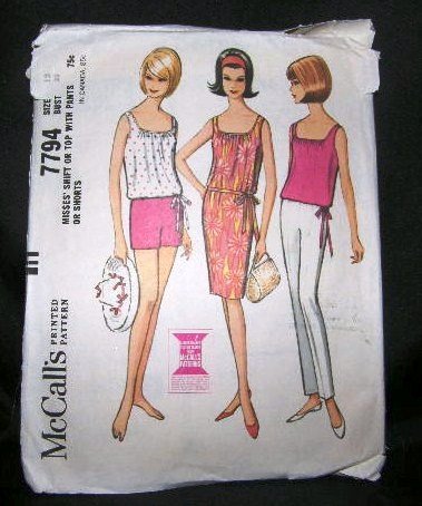 Vintage 60's McCalls Sewing Pattern 7794 Sleeveless Dress Blouse Top Shorts Pants Size 12 UNCUT