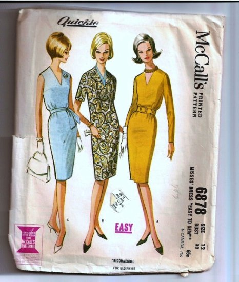 Vintage 60's McCalls Quickie Sewing Pattern 6878 Dress Short Long Sleeveless Size 12 UNCUT
