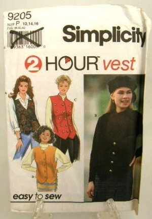 1990's Simplicity Sewing Pattern 9205, 2 Hour Vest Size 12 14 16 UNCUT