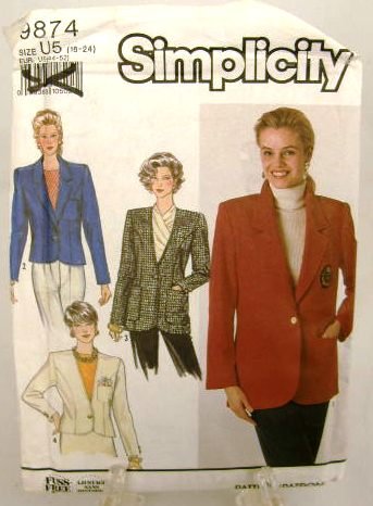 1990's Simplicity Sewing Pattern 9874 Short or Long Jacket Plus Size 16 - 24 UNCUT