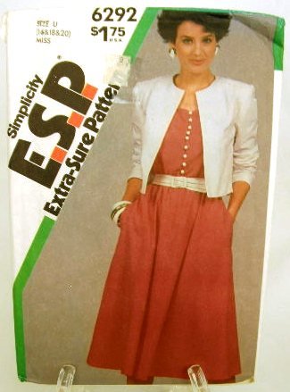 Vintage 1980's Simplicity ESP Sewing Pattern 6292 Dress Jacket Sash Plus Size 16 18 20 UNCUT