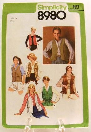 Vintage 1970's Simplicity Sewing Pattern 8980 Vest 5 Styles Size 14 UNCUT