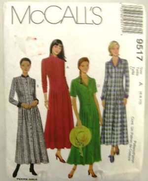 90's McCalls 9517 Sewing Pattern Button Front Long or Short Sleeve Dress 4 Styles Size 6 8 10 UNCUT