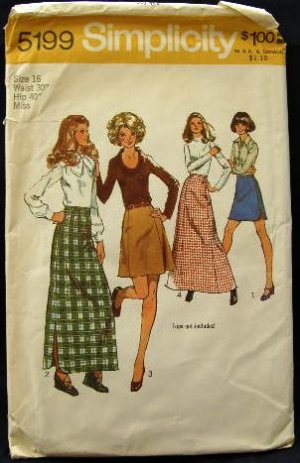 Vintage 1970's Simplicity Sewing Pattern 5199 Long or Short Skirt 4 styles Size 16 CUT