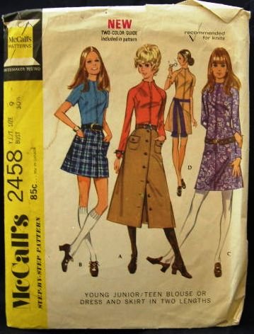 Vintage 70's McCalls Sewing Pattern 2458 Junior Teen Long Short Dress Skirt Blouse Size 9 CUT