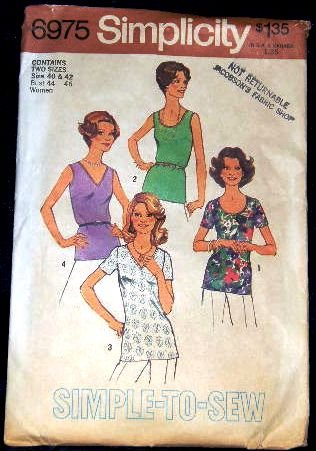 1970's Simplicity Sewing Pattern 6975 Short Sleeve Sleeveless V-Neck Top Plus Size 44 - 46 UNCUT