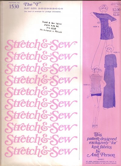 1977 Stretch and Sew Sewing Pattern 1530 The T, Shirt and Dress Size 28 30 32 34 36 38 40 42 44