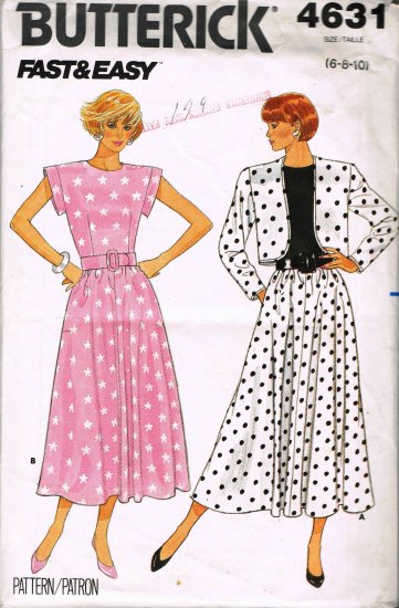 80's Butterick Sewing Pattern 4631 Fast & Easy Cap Sleeve Flared Dress Jacket Size 6 8 10 UNCUT