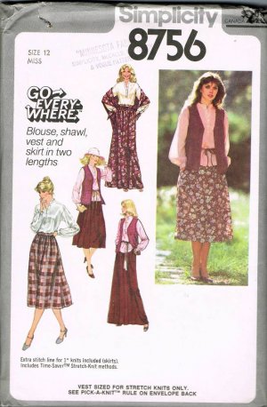 70's Simplicity Go Everywhere Sewing Pattern 8756 Blouse Shawl Vest Skirt Size 12 UNCUT