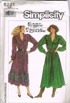 80's Simplicity Sewing Pattern 8221 Loose Fitting Flared Button Front Dress Size 10 - 16 UNCUT