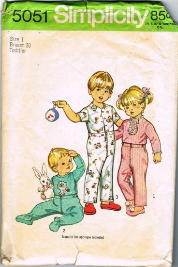 70's Simplicity Sewing Pattern 5051 Toddler Boys or Girls Pajamas Pj's Footed Crawler Size 1 CUT