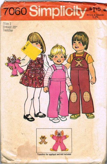 Simplicity Sewing Pattern 7060 Toddler Girls or Boys One Piece Overalls or Girls Jumper Size 1 CUT