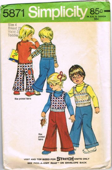 70's Simplicity Sewing Pattern 5871 Girls or Boys Pullover Vest Shirt Wide Leg Pants Size 4 CUT