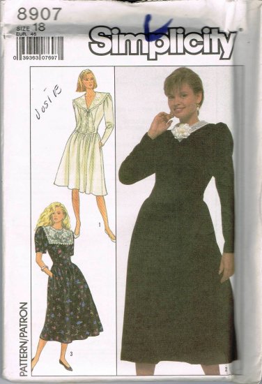 80's Vintage Simplicity Sewing Pattern 8907 Long Short Sleeve Dress 3 Styles Plus Size 18 UNCUT