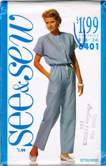 Vintage 80's See and Sew Butterick Sewing Pattern 6401 Jumpsuit Plus Size 16 18 20 22 24 UNCUT