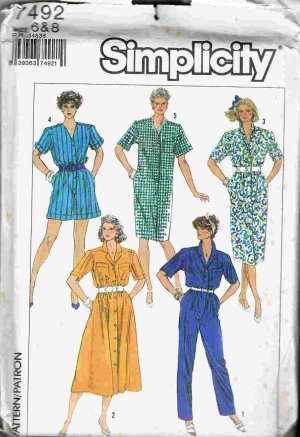 80's Simplicity Sewing Pattern 7492 Shirt Dress Long or Short Jumpsuit Size 6 and 8 UNCUT