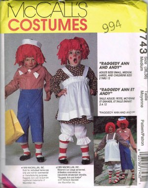 90'S McCalls Costume Sewing Pattern 7743 Raggedy Ann and Andy Adult Size Medium 36 - 38 UNCUT