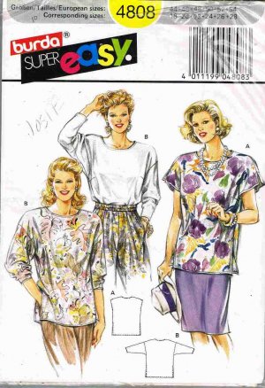 Vintge Burda Super Easy Sewing Pattern 4808 Top Shirt Blouse Plus Size 18 20 22 24 26 28 UNCUT