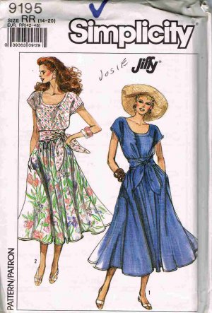 80's Simplicity Sewing Pattern 9195 Scoop Neck Dress with Sash Size 14, 16, 18, 20 Plus UNCUT