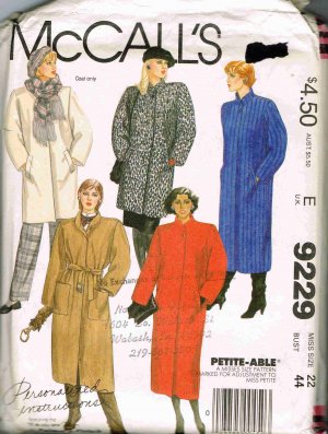 1980's McCalls Sewing Pattern 9229 Fall Winter Coat and Belt Plus Size 22 UNCUT