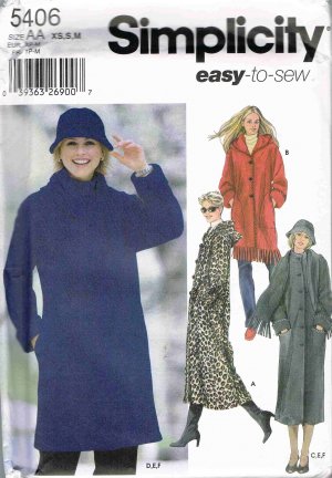 Simplicity Sewing Pattern 5406 Winter Button Front Coat Scarf Hat Size 6, 8, 10, 12, 14, 16 UNCUT