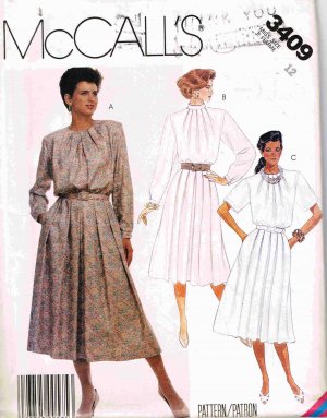 1980's McCalls Sewing Pattern 3409 Pleated Back Zip Dress and Belt in 3 styles Size 12 UNCUT